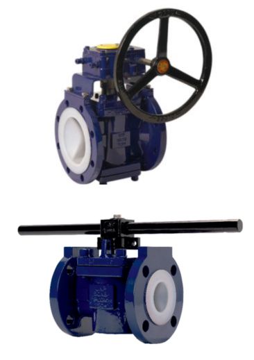 PFA and PTFE-lined plug valves with handwheel and lever options for industrial and chemical applications
