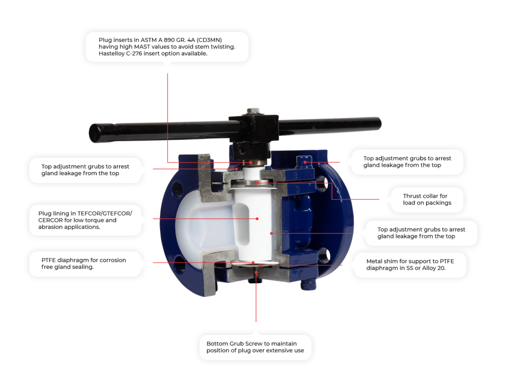 Detailed cross-section of a PTFE-lined plug valve with plug insert, diaphragm, and anti-leakage components.